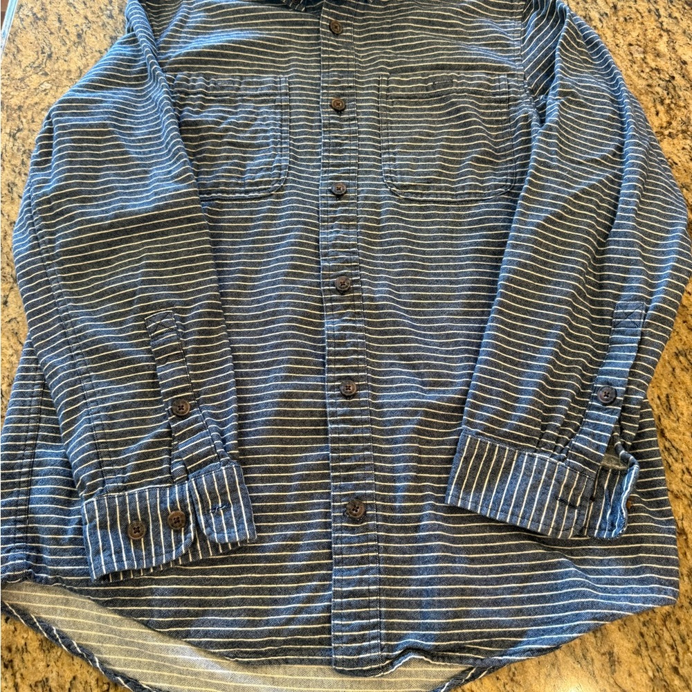 Duluth Trading Co Navy and White Slim Fit Striped Shirt